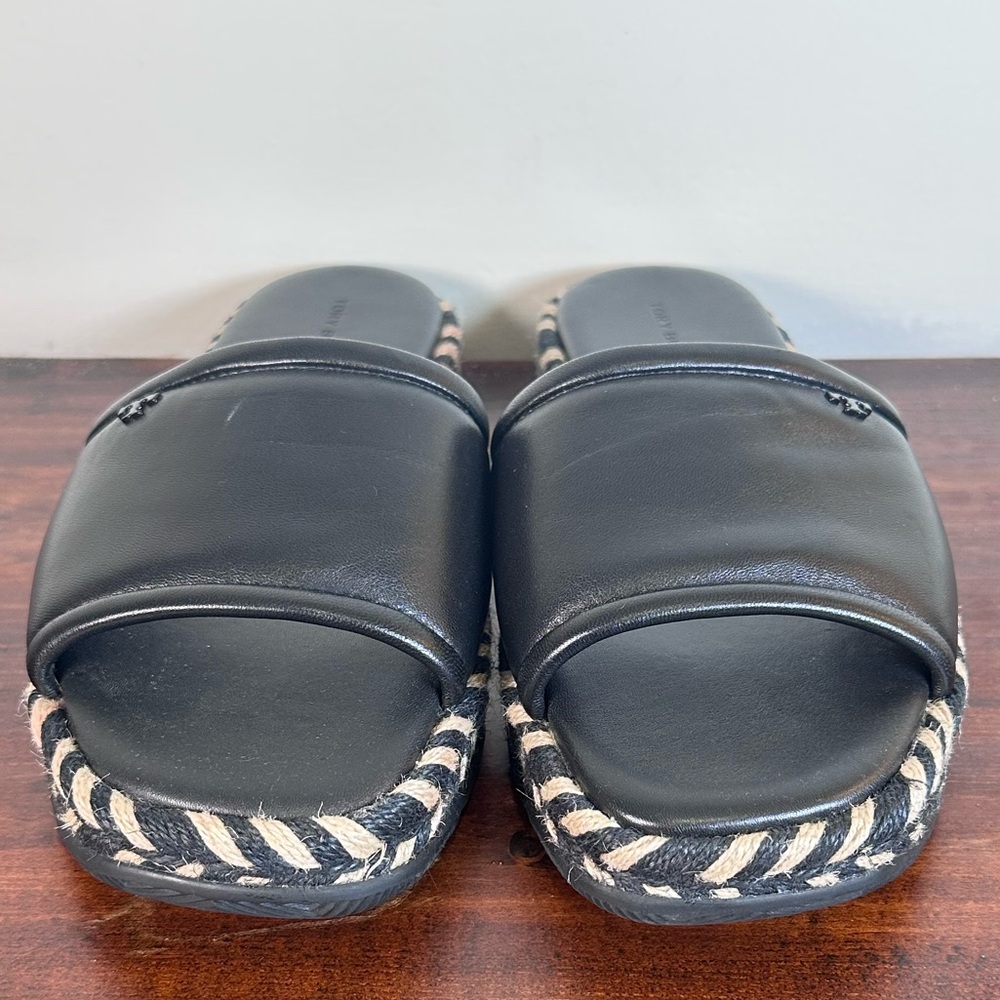 Tory Burch Espadrille Slide Sandal Braided Leather 7 Black Tan Open Toe Flat - Picture 4 of 6